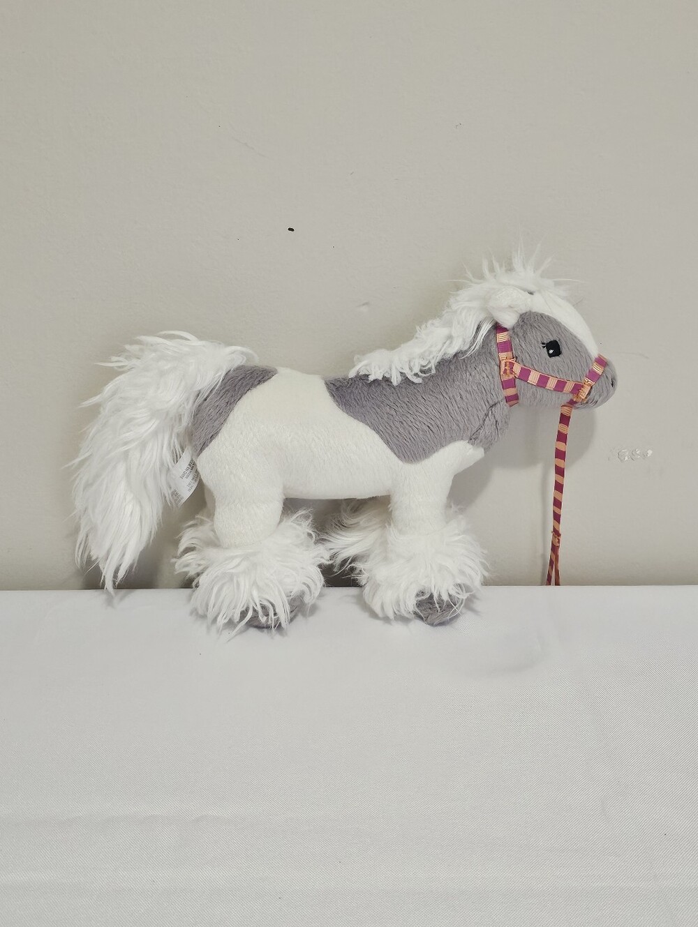 American Girl Gray and White Plush Pony with Pink and Yellow Striped Bridle